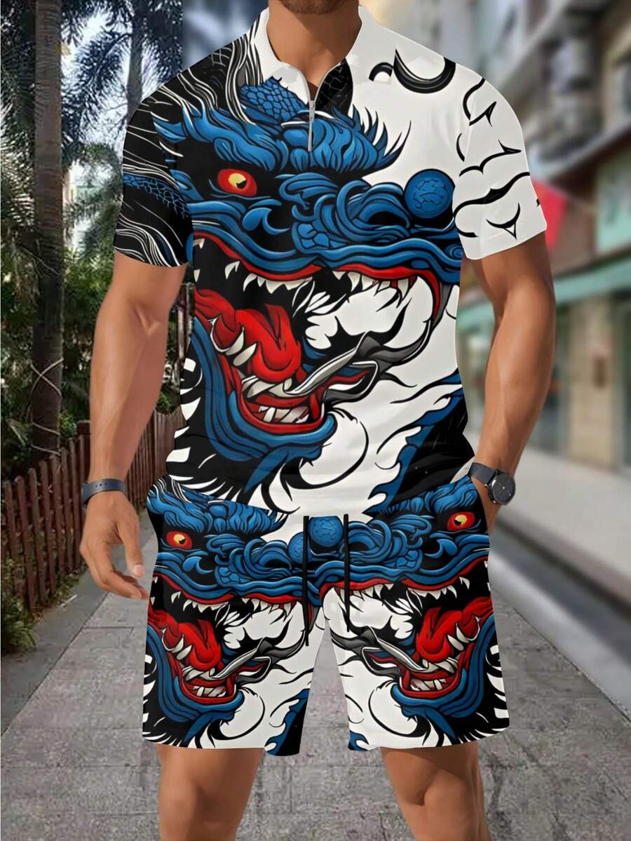 Streetwear Zipper - Men's 3D Dragon Print Zipper Polo
