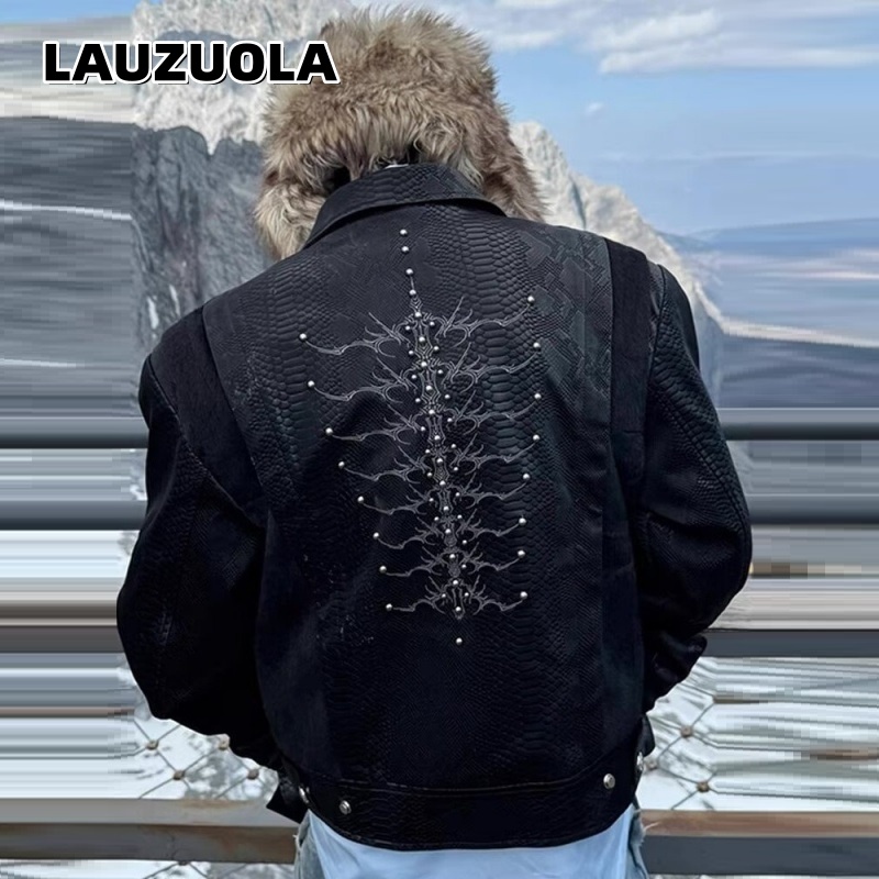 Men Black Snake Embossed Jacke - Streetwear Zipper 评论和价格