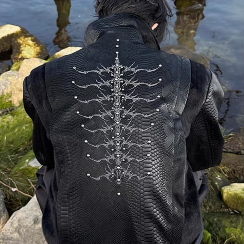 Men Black Snake Embossed Jacke - Streetwear Zipper 评论和价格