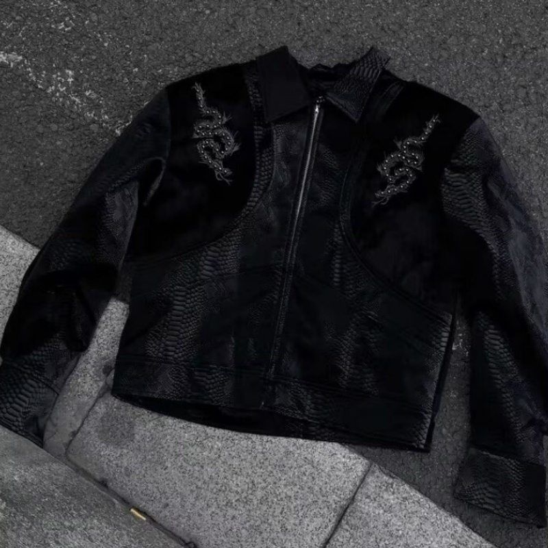 Men Black Snake Embossed Jacke - Streetwear Zipper 评论和价格