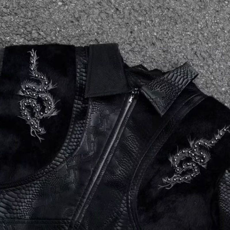 Men Black Snake Embossed Jacke - Streetwear Zipper 评论和价格