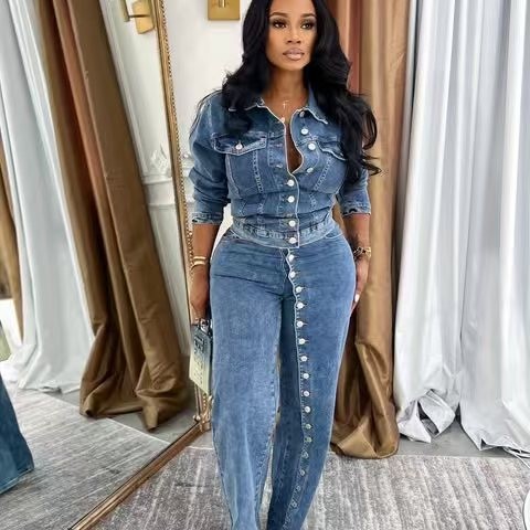 Jeans Suit Women Denim 2 Piece - Streetwear Brand Pants 评论和价格