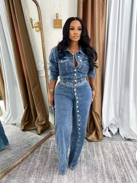 Jeans Suit Women Denim 2 Piece - Streetwear Brand Pants 评论和价格