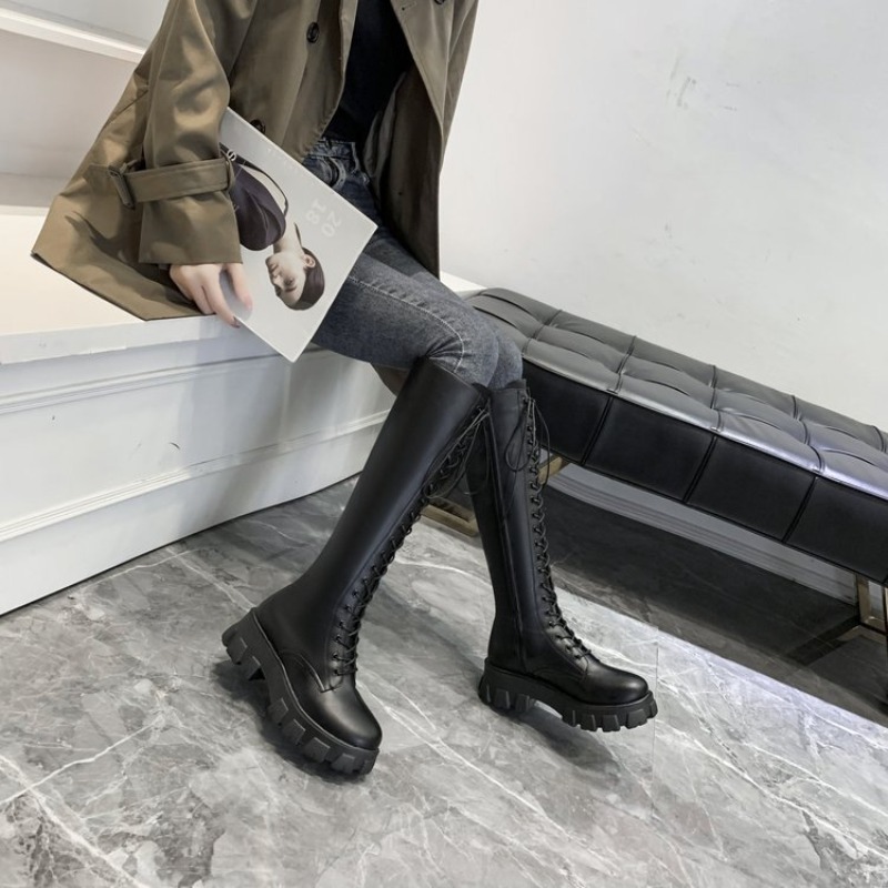 Women Knee High Boots Lace Up  - Streetwear Zipper 评论和价格