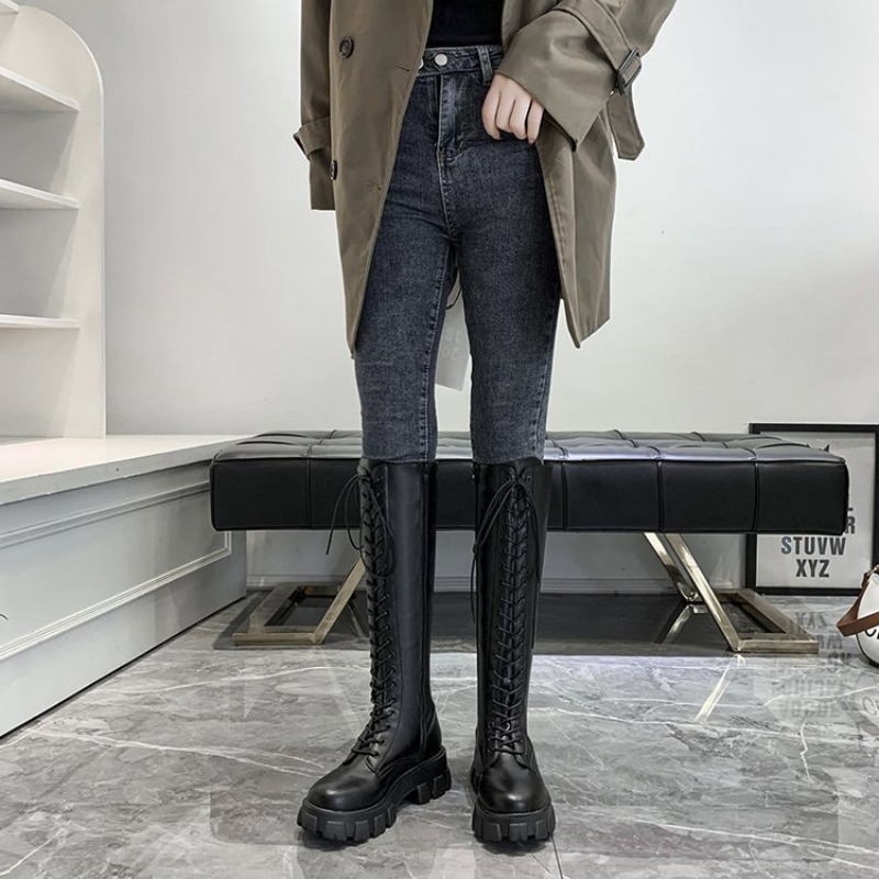 Women Knee High Boots Lace Up  - Streetwear Zipper 评论和价格