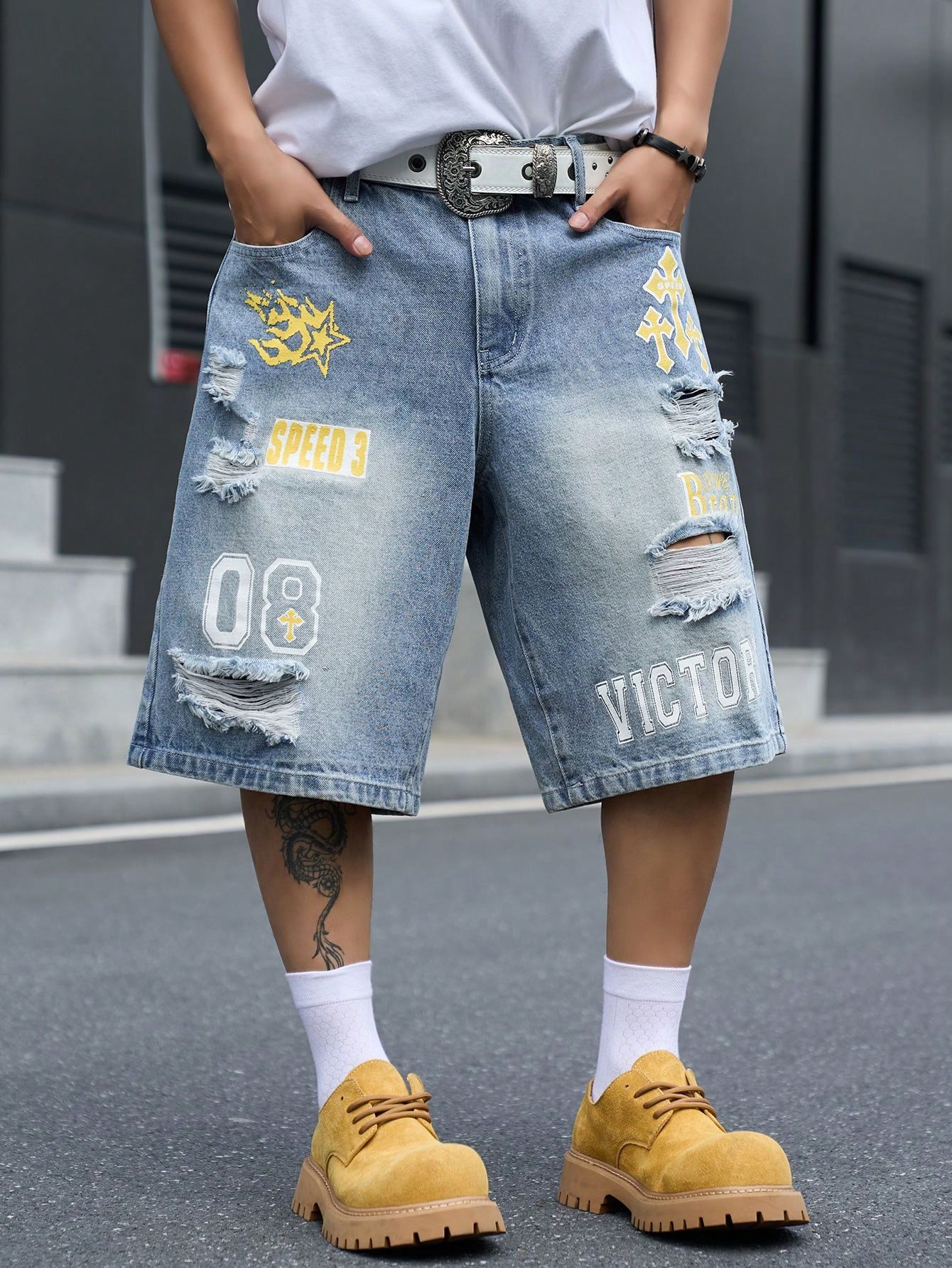 Men's Loose Fit Denim Bermuda  - Streetwear Brand Pants 评论和价格