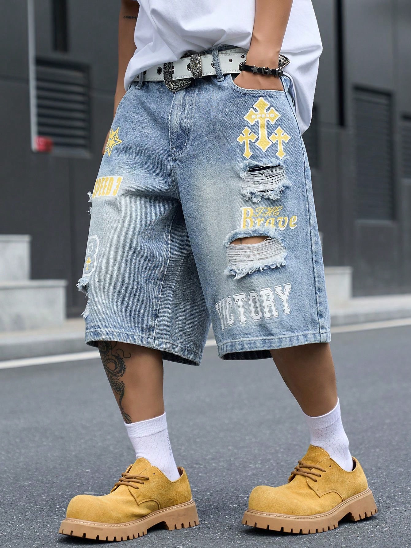 Men's Loose Fit Denim Bermuda  - Streetwear Brand Pants 评论和价格