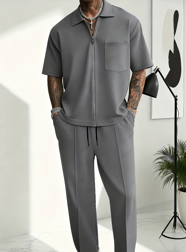 Men 2 Piece Outfits Half Zip P - Streetwear Zipper 评论和价格
